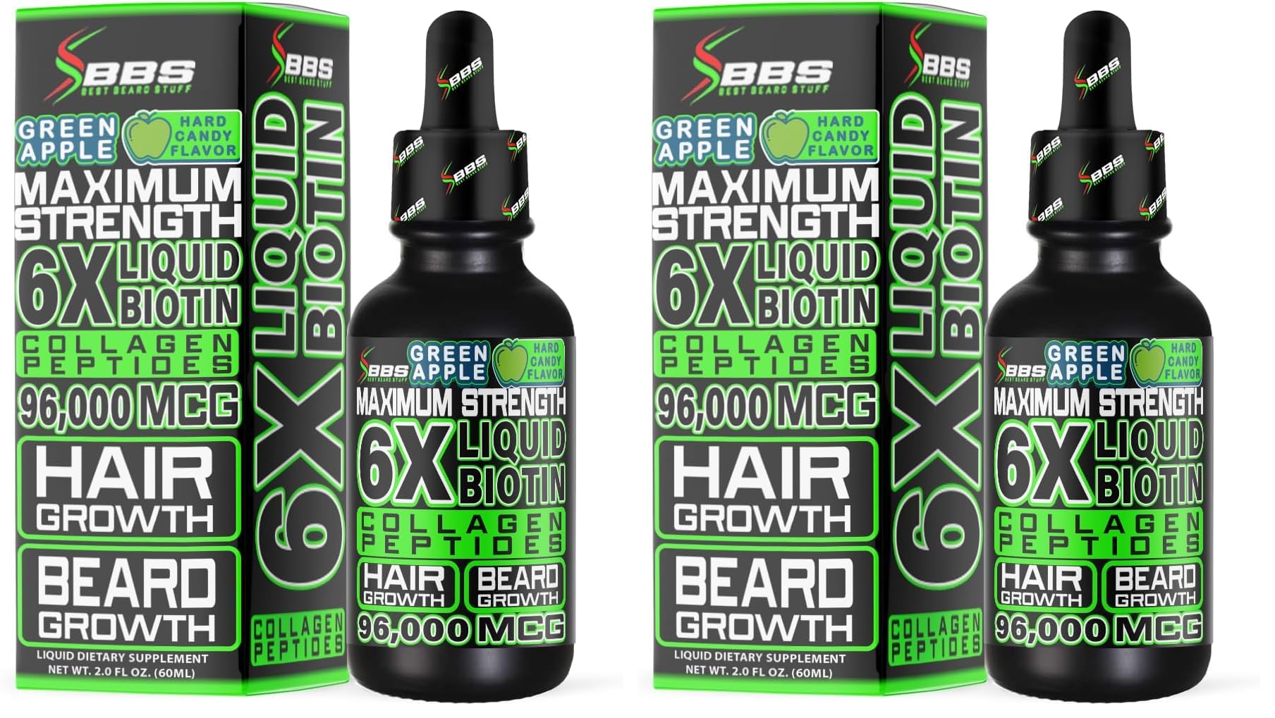 Liquid Biotin Collagen Peptides for Beard Growth and Thickening - Men's Beard and Hair Growth Supplement - Biotin Liquid Drops 96,000mcg 6X More Absorption (Pack of 2) Drops (Pack of 2) Drops (Pack of 1)