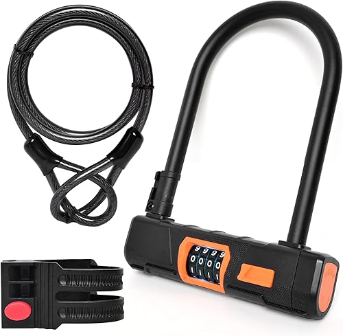 Candado en U para bicicleta con cable de acero, cerradura antirrobo en U de bicicleta resistente, cerradura de combinación reiniciable de 4 dígitos