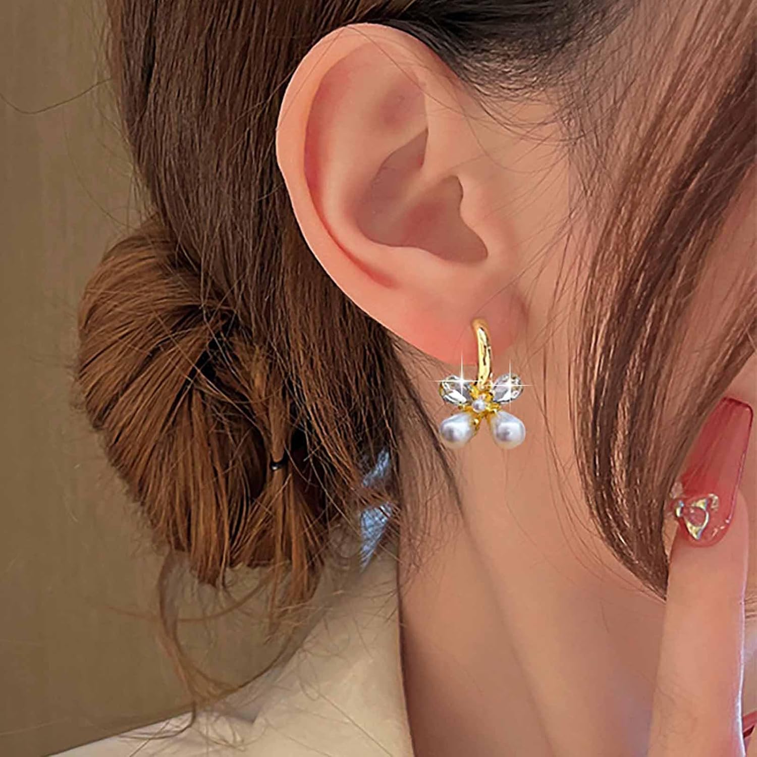 Vintage Pearl Flower Dangle Earrings Gold Cz Floral Earrings Pearl Floral Drop Earrings Crystal Flower Earrings Flower Petal Earrings Jewelry for Women - Image 2