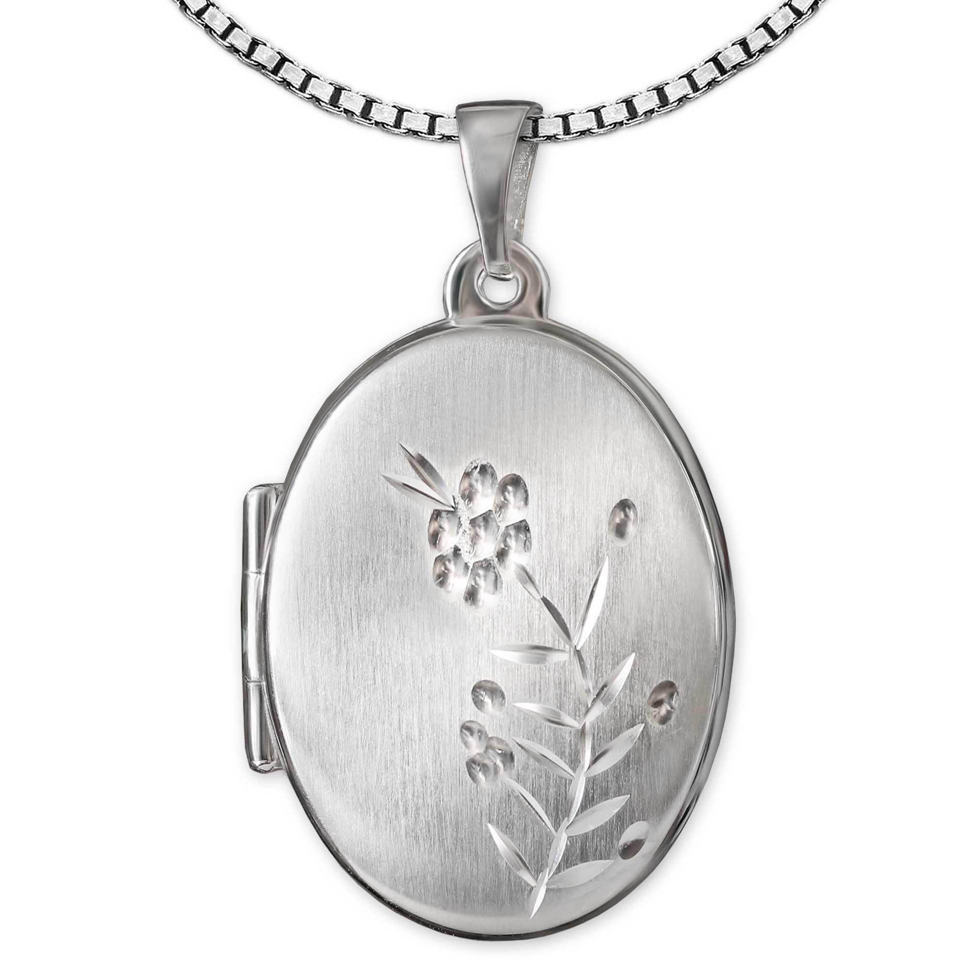 CLEVER SCHMUCKsilver oval locket pendant, 21 mm, satin finish, ornate flowers, .925 sterling silver, diamond-polished with Venetian chain, 50 cm