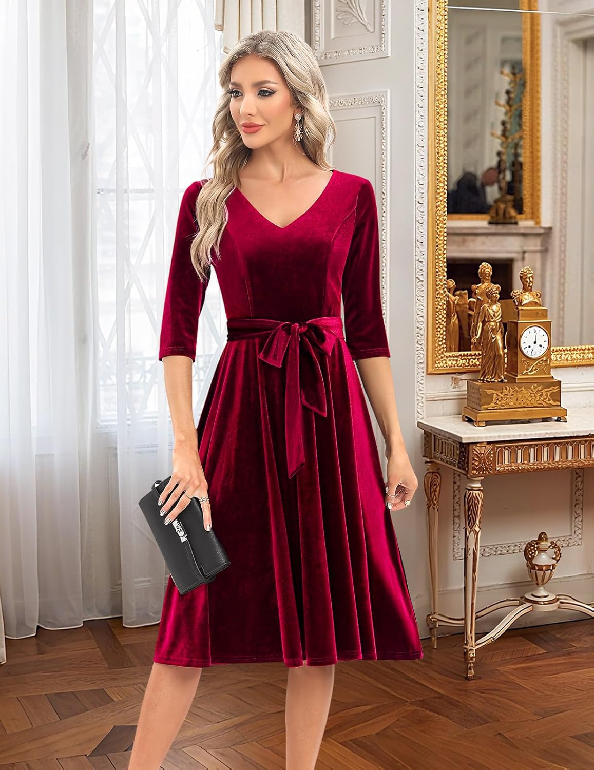 Bbonlinedress Women Long Sleeve Velvet Vintage Tea Dress Formal Cocktail Wedding Guest Midi Prom V-Neck Fit and Flare Dress - Image 2