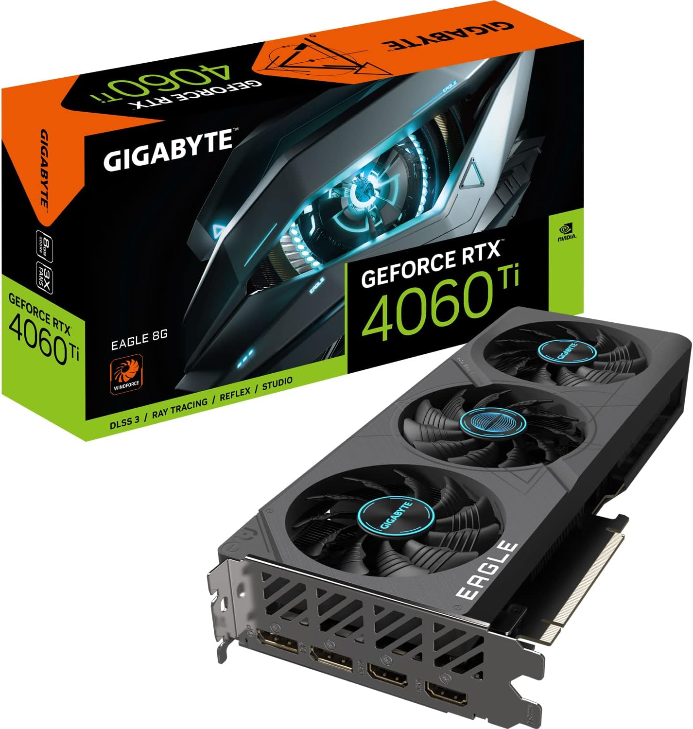 GeForce RTX 4060 TI EAGLE 8GB Graphics Card - 8GB GDDR6 18Gbps 128bit, PCI-E 4.0, 2x DisplayPort 1.4, 2x HDMI 2.1a, NVIDIA DLSS 3, Supports 4K, Ada Lovelace Arch, GV-N406TEAGLE-8GD