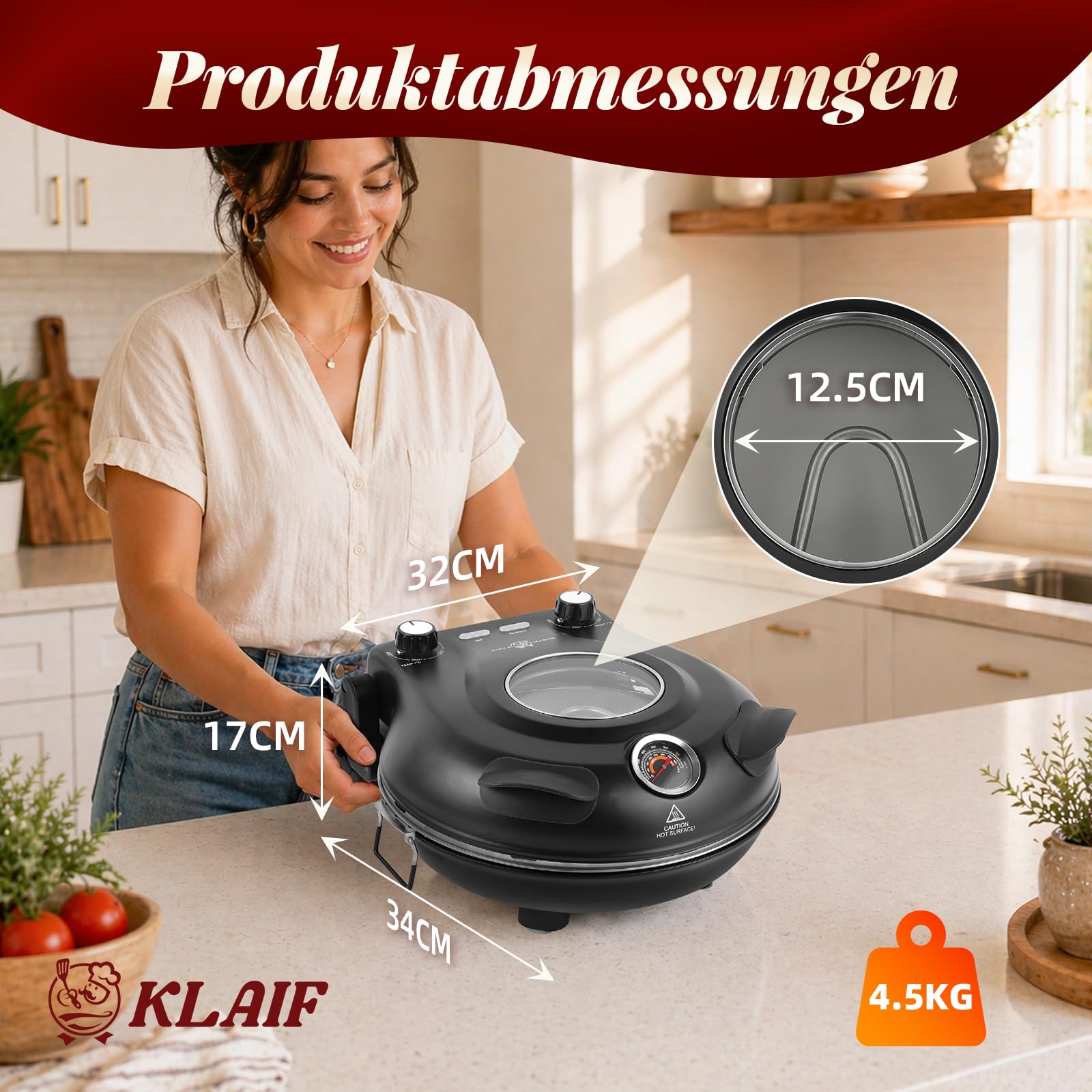 KLAIF Elektrischer Pizzaofen 420 °C, separat regelbare Ober- und Unterhitze, 31 cm Keramik-Pizzastein, inkl. 4-teiligem Pizzazubehör-Set, 1200 W, Modell LMC-Schwarz