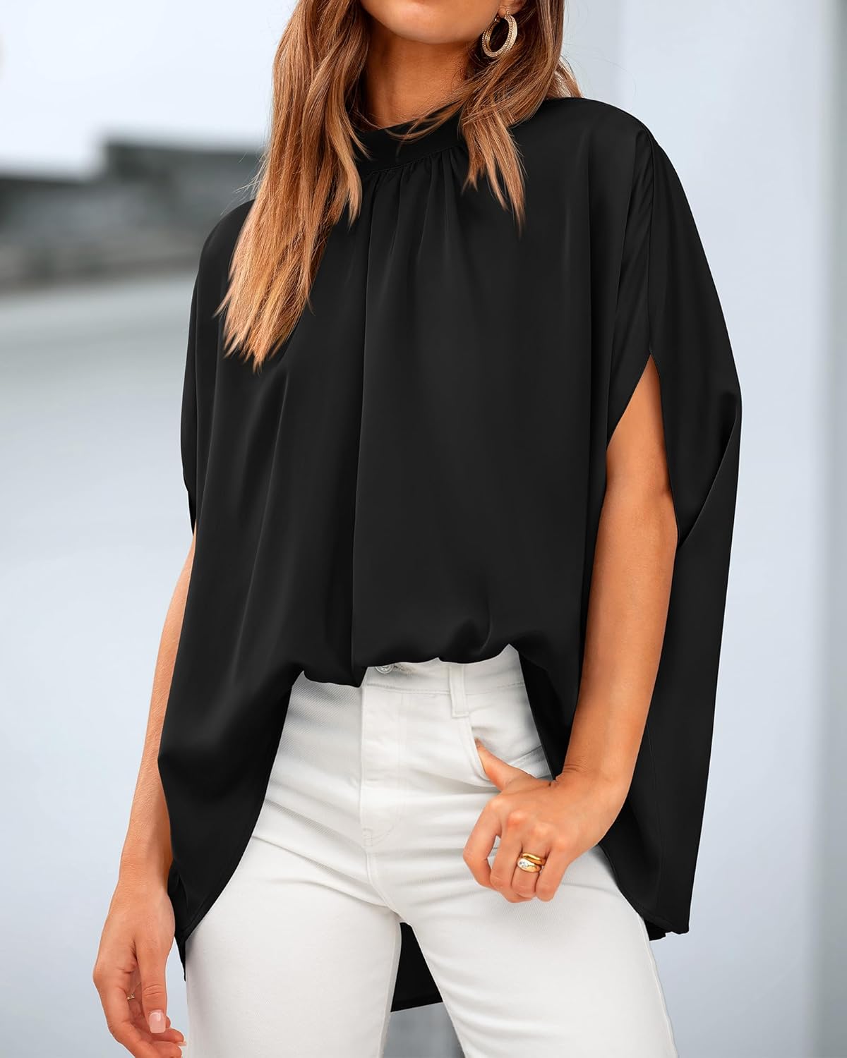 BTFBM Womens Summer Tops 2026 Mock Neck Batwing Sleeve Silk Satin Shirts Loose Oversized Dressy Casual Spring Blouses - Image 5