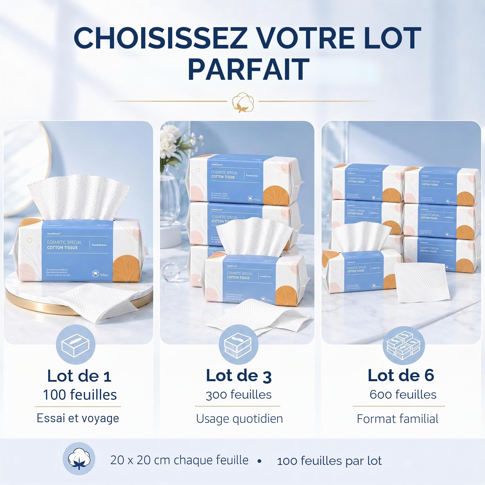 PoeticEHome Lot de 600 Lingettes sèches jetables en coton doux pour le visage - Biodégradables serviettes non pelucheuses - Convient aux peaux sensibles, nettoyage de surface et démaquillage