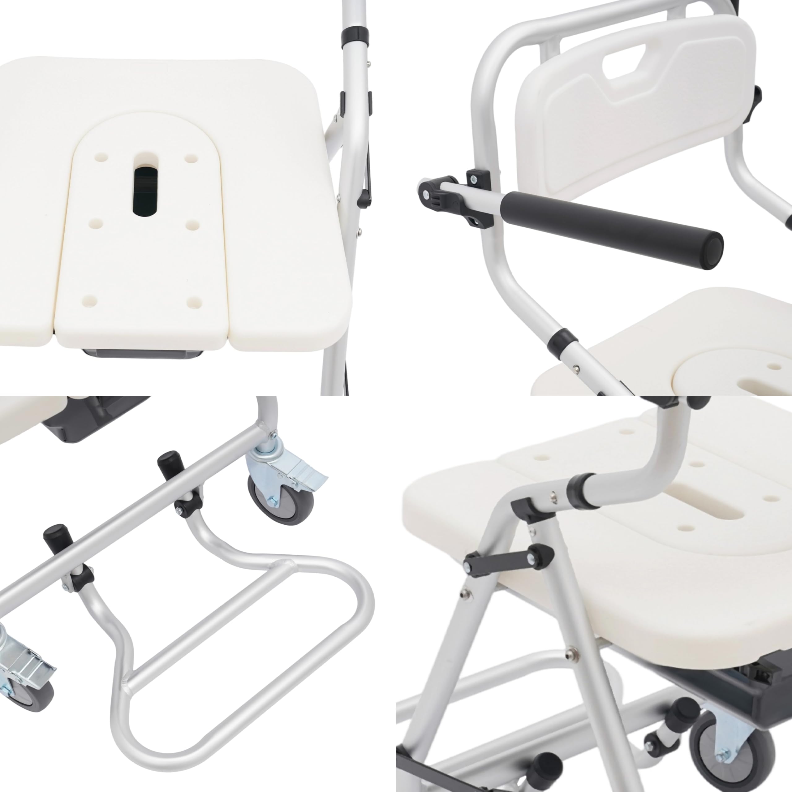 Taburete de ducha plegable de aleación de aluminio con 4 ruedas universales, silla de ducha con cubo de inodoro, silla de ducha con reposabrazos para personas mayores, discapacitados