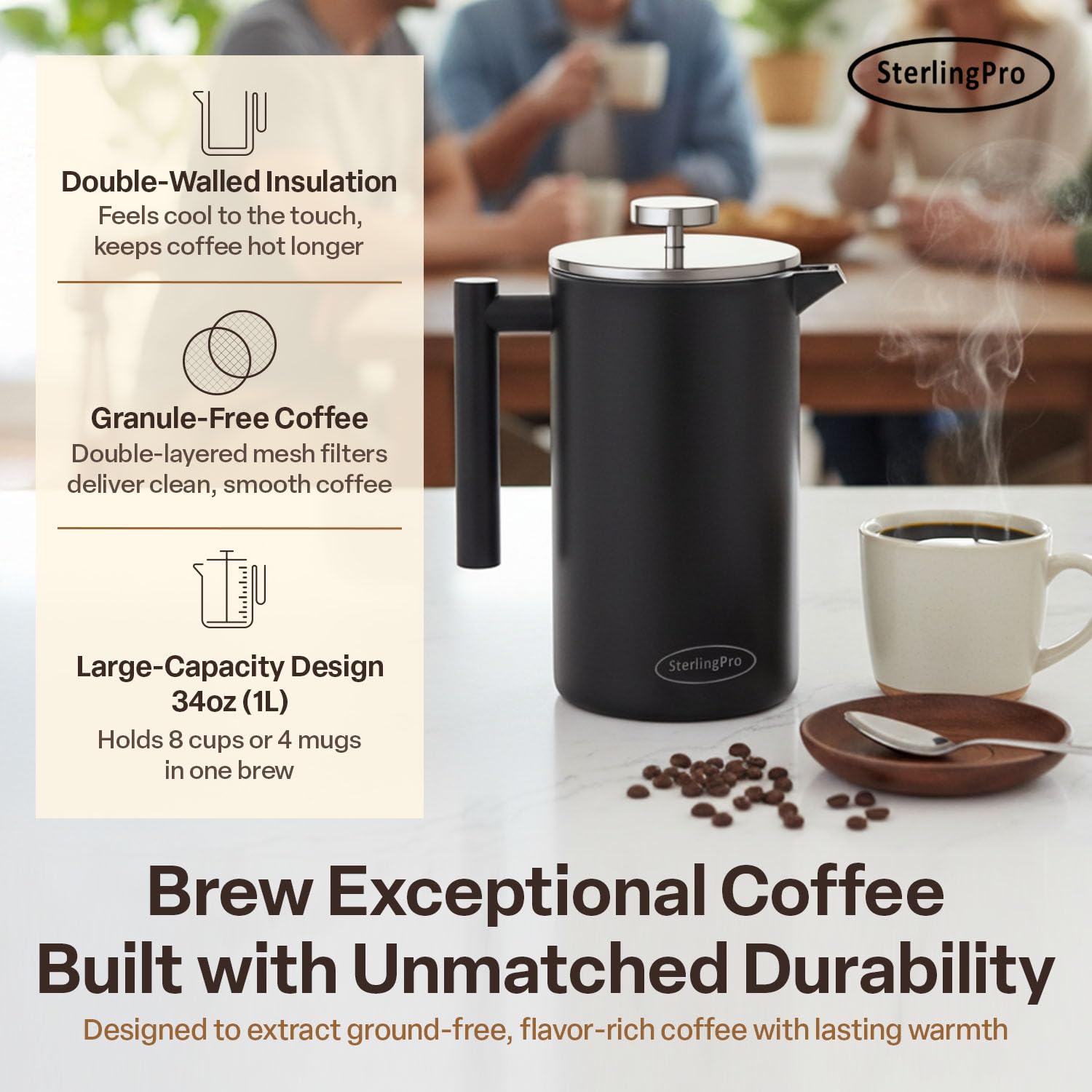 SterlingPro French Press Coffee Maker-Double Walled Large Coffee Press with 2 Free Filters- Granule-Free Coffee, Stylish Rust Free Kitchen Accessory-Stainless Steel French Press (1L, Black)