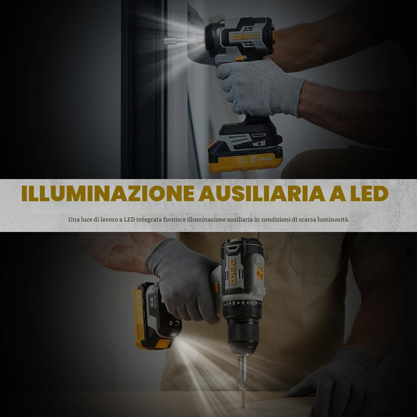 DEKOPRO 20V Trapano a Batteria & Avvitatore a Impatto – 2x2.0Ah Batterie, Caricabatterie Rapido 2.2A, Punte Avvitatore 42 Pezzi, Bussole 9 Pezzi & Borsa Portautensili