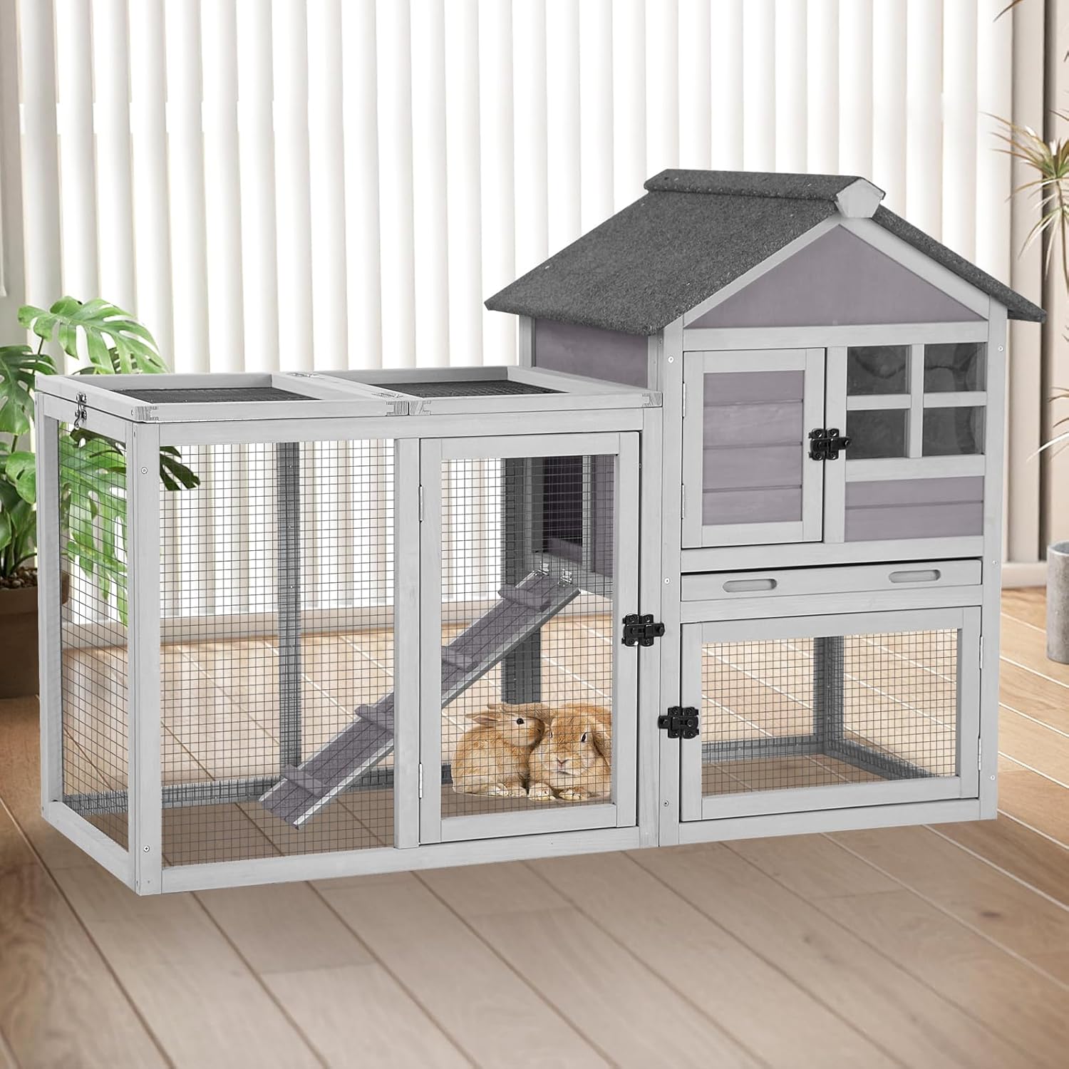 Rabbit Hutch Bunny Cage Indoor Outdoor, Wooden Rabbit House with Run, Guinea Pig Cages with No Leakage Tray and Chew-Proof Ramp, Small Animal Enclosure, Waterproof Chicken Coop (Grey)