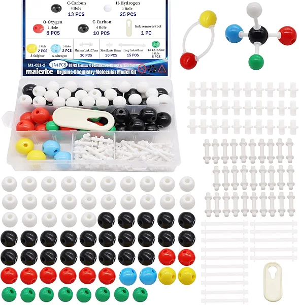 maierke 144PCS Organic Chemistry Molecular Model Kit, Molecular Model Set for Inorganic and Organic Chemistry,Including 68 Atoms & 75 Links & 1 Link Remover Tool for Student and Teacher