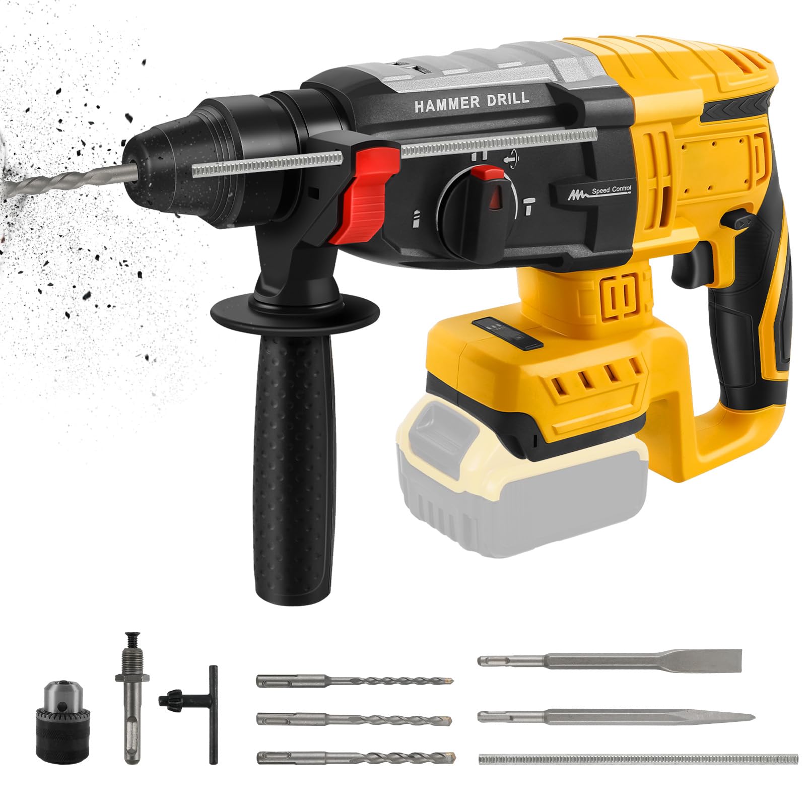 Roadtime 2.6J Hammer de forage 600W pour DeWalt 20Vbatterie (sans batterie) | vitesse du marteau 1100 tr/min,hammer combiné avec broche de forage 3x SDS PLUS,avec 4 fonctions