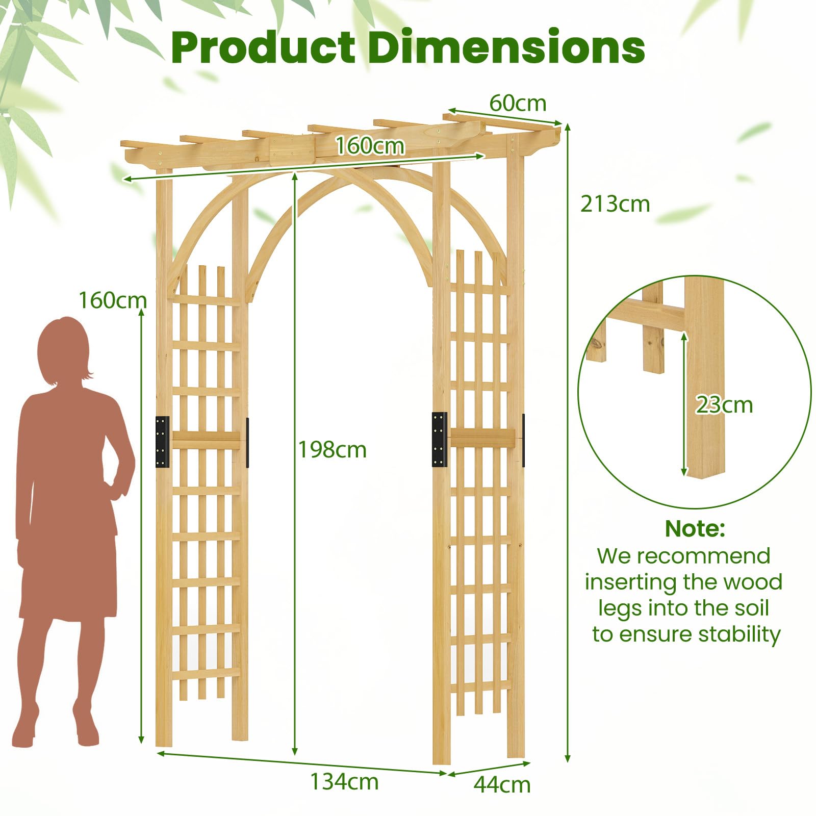 FANTASK Gartenbogen Holz, 160 x 60 x 213 cm, Rosenbogen mit Dach für Kletterpflanzen & hängende Körbe, Rankbogen Tannenholz, Rankgitter für Garten, Hochzeit, Party (Natur)