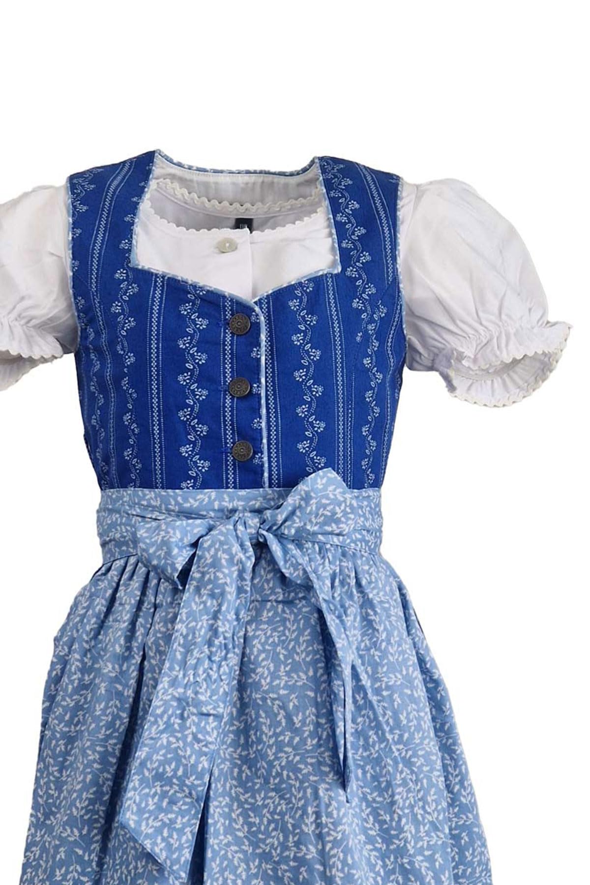 Maddox Kinder Dirndl „Gabriella“ 3-TLG. – Mädchen Dirndl mit Bluse & Schürze – festliches Trachtenkleid in Blau Weiß – Tracht für Oktoberfest, Volksfest & Kirchweih – Baumwolle