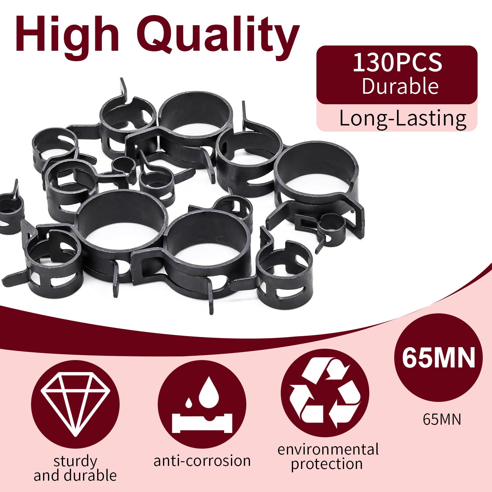 Assortiment de 130 colliers de serrage à ressort de 6 à 25 mm avec pince de serrage plate pivotante, collier de serrage pour tuyaux à air et tuyaux à basse pression