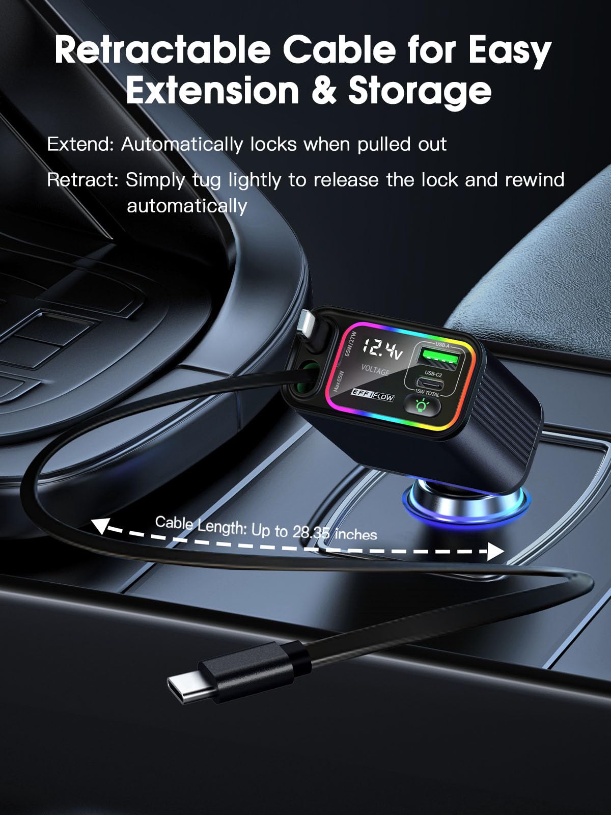 Caricatore da auto retrattile USB C, tipo C, ricarica rapida con cavo retrattile, compatibile con iPhone 16/15, S25/24/23/22, Pixel 9/8/7 (nero, 145 W (C+C))
