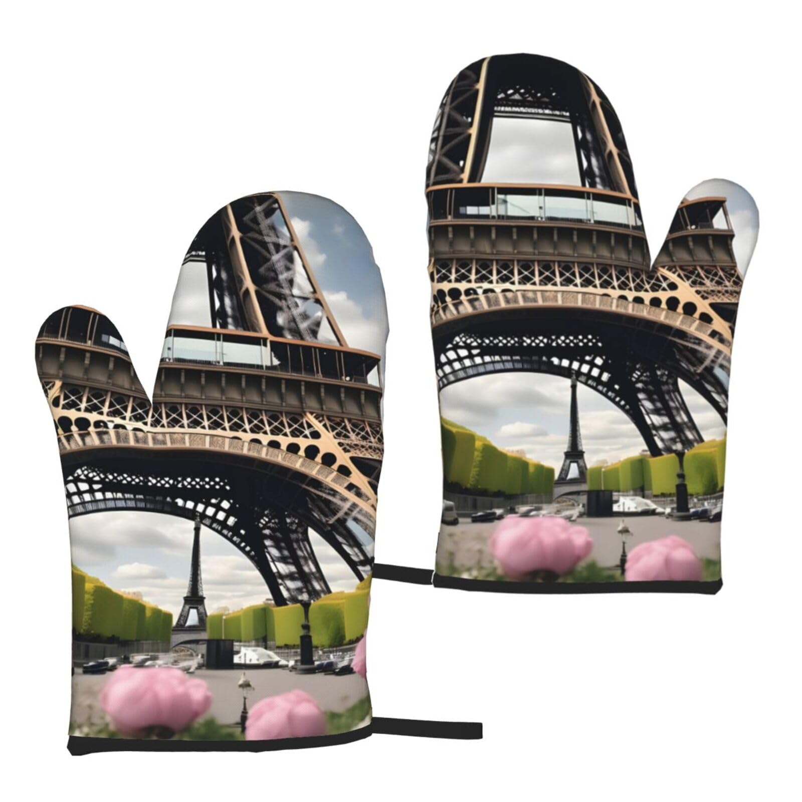 Flower Paris Eiffel Tower Print Heat Resistant Universal Fit Oven Microwave Gloves Home Cooking Baking Grilling