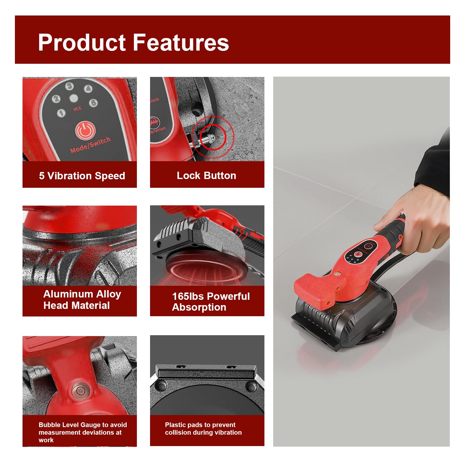 Outil de nivellement des vibrations de carrelage compatible avec batterie Milwaukee, outil d'installation de vibrations de motoculteur sans fil avec jauge de niveau à bulle, ventouse, design de