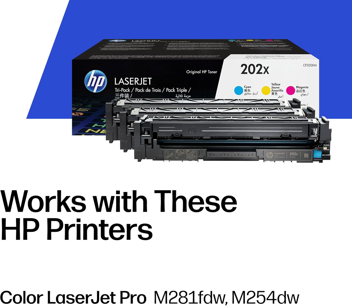 HP 202X Cyan, Magenta, Yellow High-Yield Toner Cartridge Printers (3-Pack) | Works with Color LaserJet Pro M254, Color LaserJet Pro MFP M281 Series | CF500XM