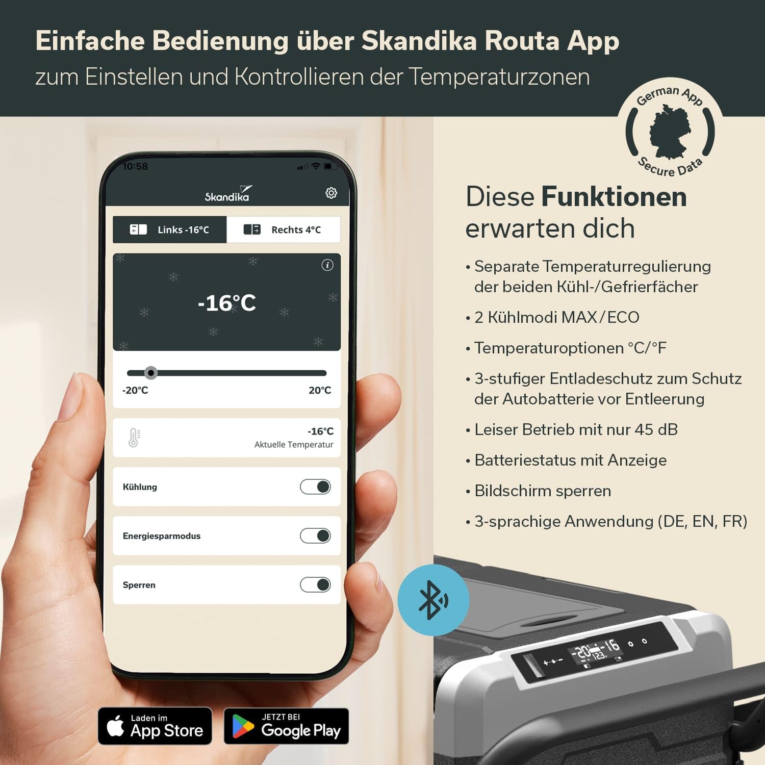 Skandika Auto-Gefrierbox 35 bis 55 L +10 ° bis -20 °C | Kompressor Kühlbox mit Trennwand, leise, Eco-Mode, mit 12 V Stecker oder Netzteil für Steckdose | Camping Kühlschrank für Auto, LKW, Bus, Camper