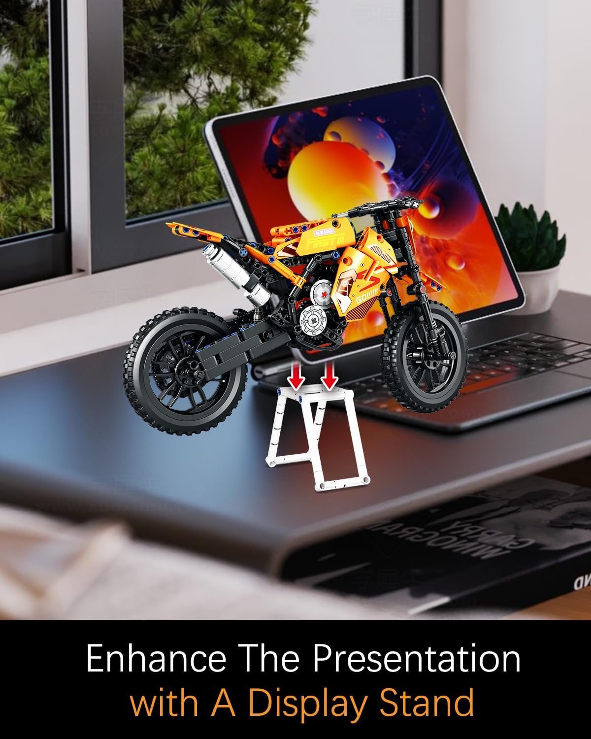 QISHOUTING 1:8 Scale Off-Road Dirt Motorcycle Building Set for Adults,with Display Sand, Dirt Bike Building Kits, Birthday for Adults(506PCS)
