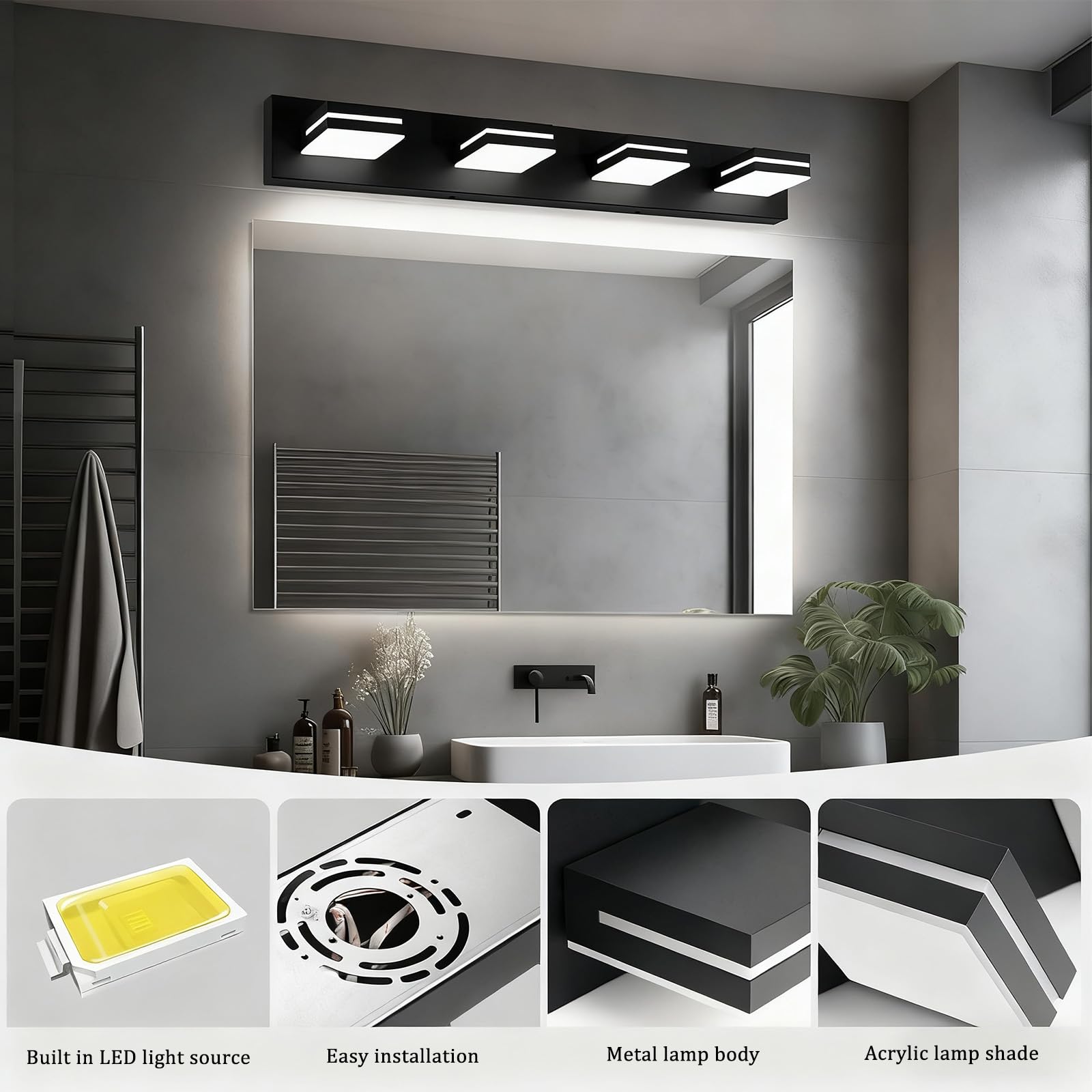 LED Spiegelleuchte Bad Wandleuchten 350° Drehbar Einstellbarer Winkel Wandleuchte Spiegelschrank Wandbeleuchtung für Wohnzimmer Schlafzimmer Schminktisch Badezimmer (Schwarzes Neutrales Licht,3 Köpfe)
