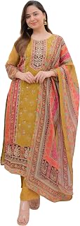 BHARVITA Women's Cotton Printed Sequence Embroidered Work Straight Kurta Dupatta Pant Set Price In India