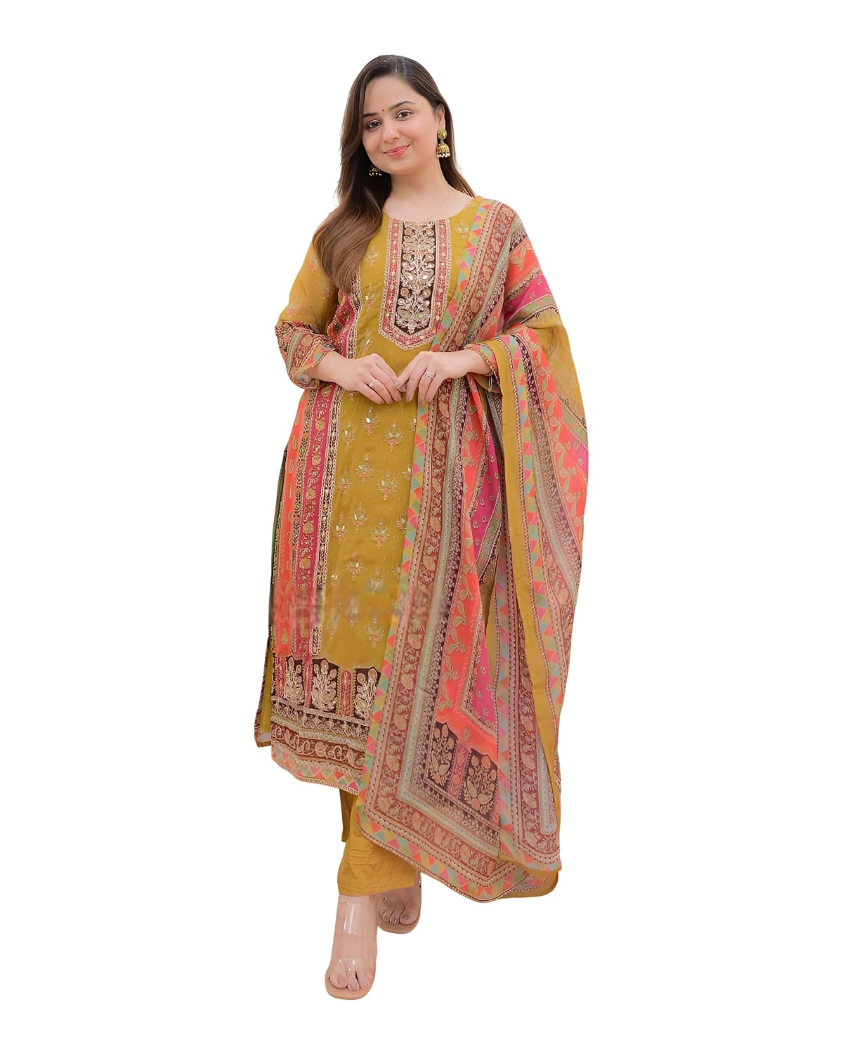 BHARVITA Women’s Cotton Printed Sequence Embroidered Work Straight Kurta Dupatta Pant Set