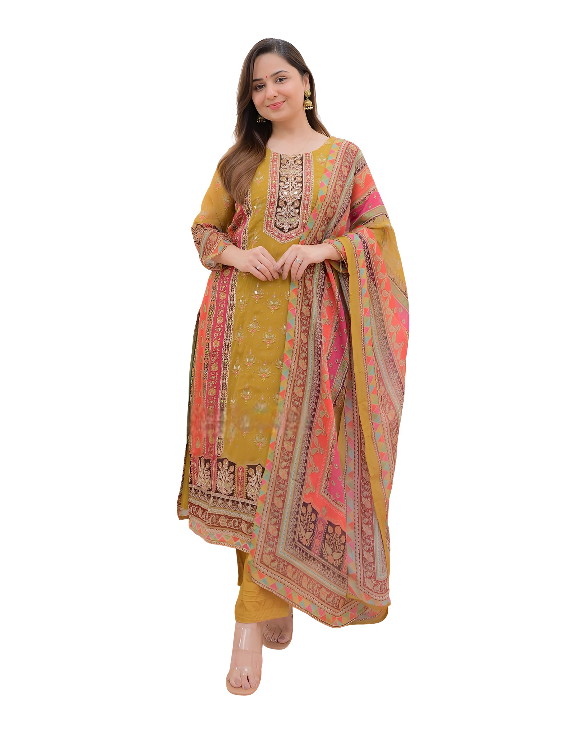 bharvita Women's Cotton Printed Sequence Embroidered Work Straight Kurta Dupatta Pant Set-picture-20