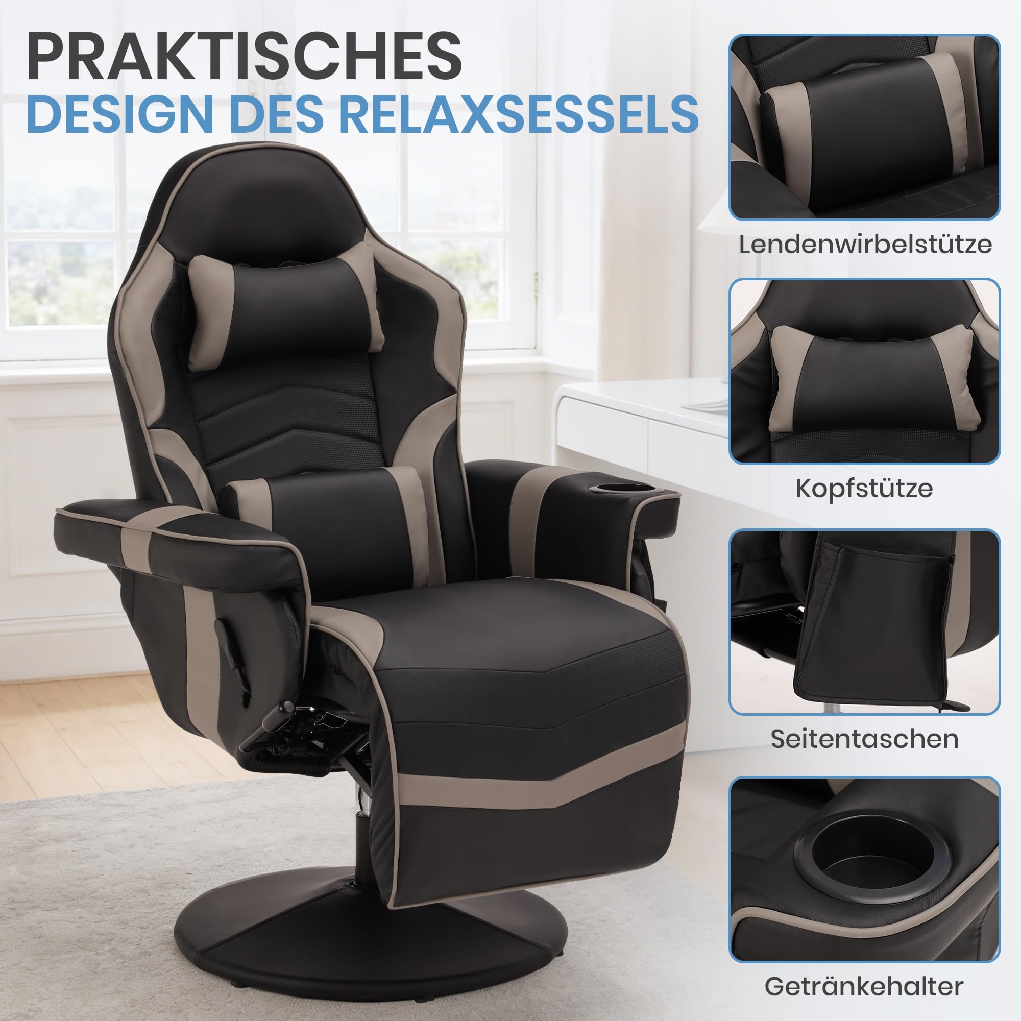 Relaxsessel Fernsehsessel mit Liegefunktion, Massage Gaming Stuhl mit Höhenverstellbar & 360° Drehbar, Ergonomischer Racing Gaming Sessel Wohnzimmer, Manuell Verstellbar (Gray)