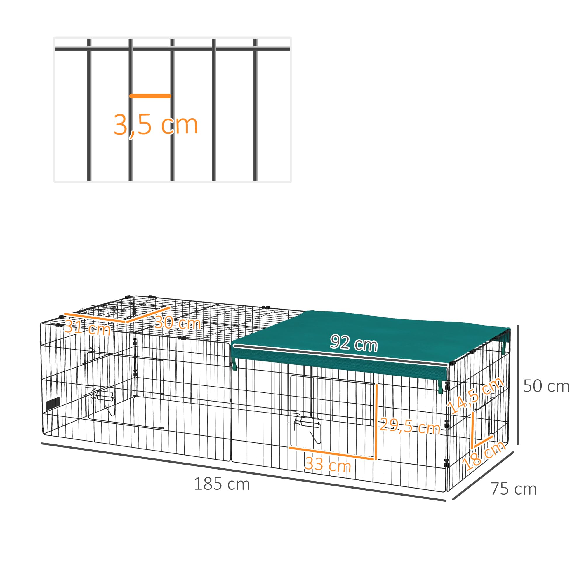 PawHut Parc enclos modulable Acier avec bache pour Lapins rongeurs Petits Animaux 185x75x50 cm Vert