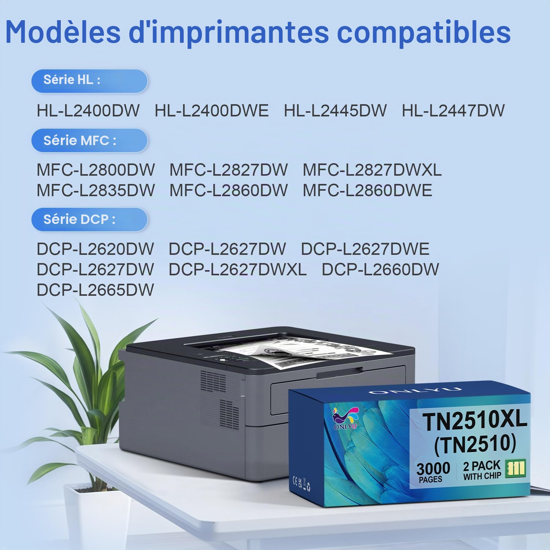 ONLYU TN2510 TN2510XL TN 2510XL TN-2510 XL HL-L2400DWE HL-L2400DW Toner | Compatible avec Brother HL-L2445DW DCP-L2627DWE MFC-L2800DW DCP-L2660DW DCP-L2665DW MFC-L2827DWXL MFC-L2860DWE (2 Noir)