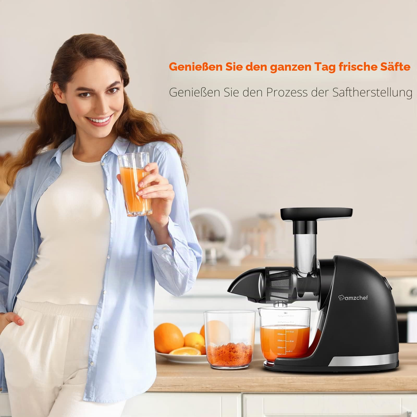 AMZCHEF Entsafter Gemüse und Obst Testsieger Entsafter Slow Juicer mit Rückwärts Kau Funktion Zartes Zerkleinern ohne Filtern Saftpresse Elektrisch mit Bürste und 2 Tassen - Schwarz [Energieklasse A+]
