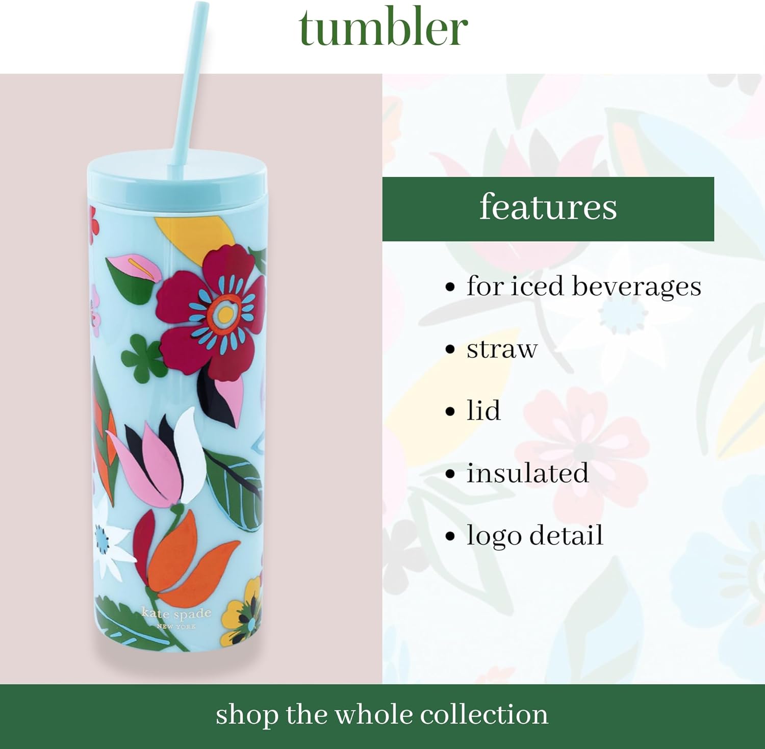 kate spade new york Acrylic Tumbler with Lid and Straw, 24 oz Tumbler, Slim Double Wall Tumbler (Safari Floral) - Image 3