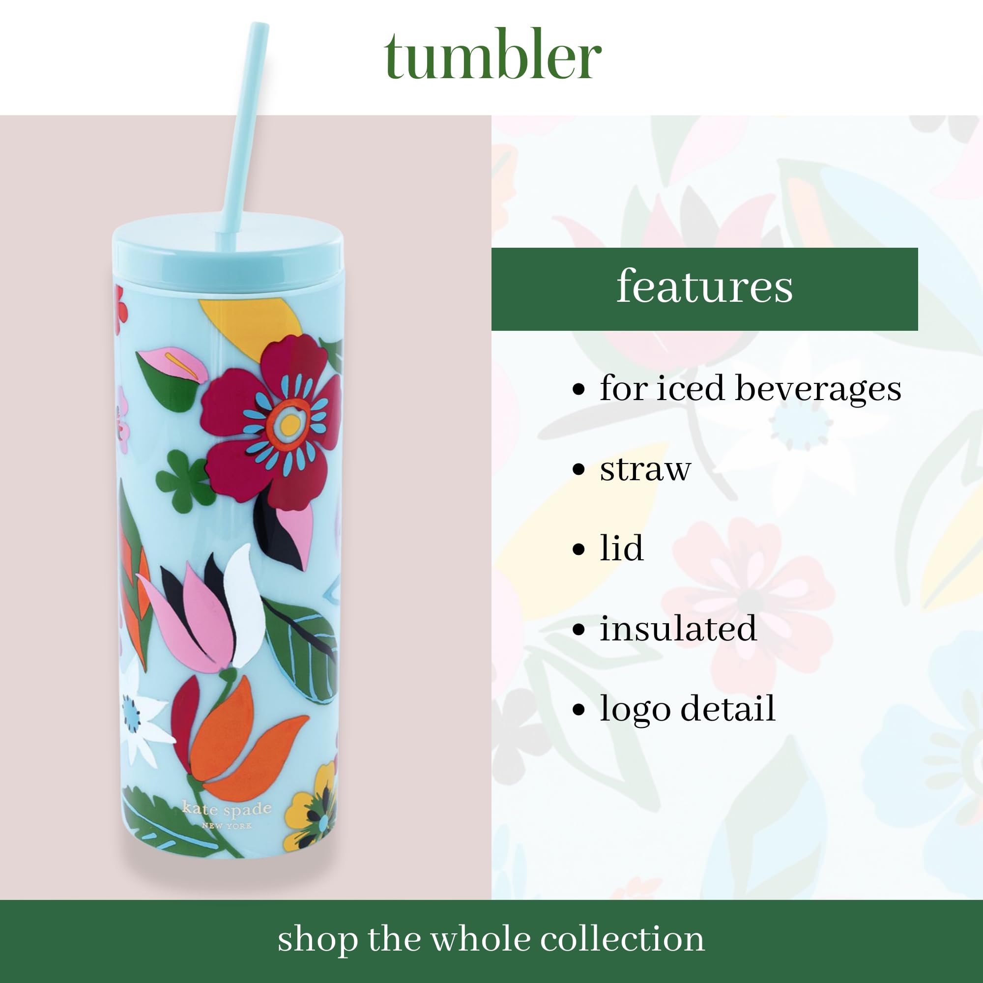 Kate Spade New York Acrylic Tumbler with Lid and Straw, 24 oz, Slim Double Wall Tumbler (Safari Floral), 24 Ounces - Image 3