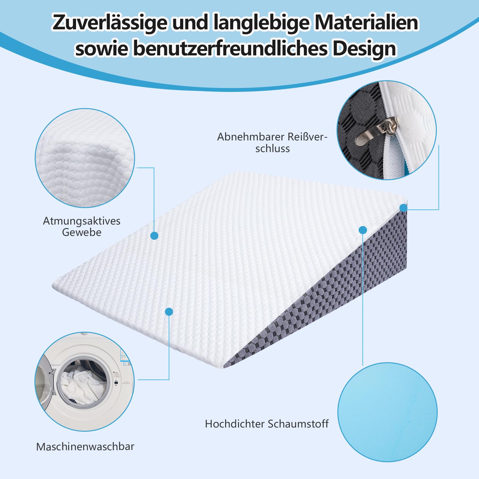 Generisch Almohada de cuña, almohada de reflujo para cama y sofá, incluye funda de almohada, lavable a máquina, para apoyar las piernas y las rodillas, apnea del sueño, alivio de la acidez estomacal