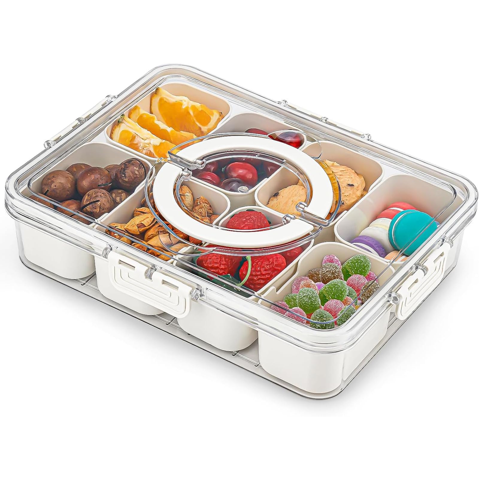 ULINEN Plastic Divided Serving Tray with Lid and Handle, Portable Snack Platters Organizer, Storage Organizer for Spice, Veggie, Snackle, Fruit, Candy-Perfect for Party, Travel, Picnic (1 PCS)