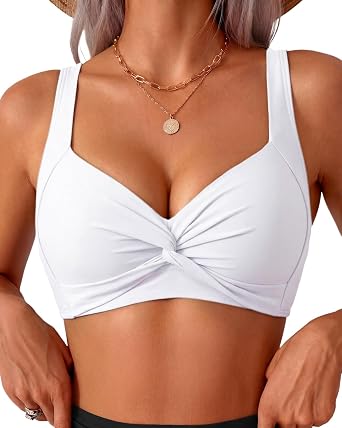Women's Bikini Top Twist Front V Neck Adjustable Wide Straps Padded Push Up Swim Bathing Suit Tops Only for Women