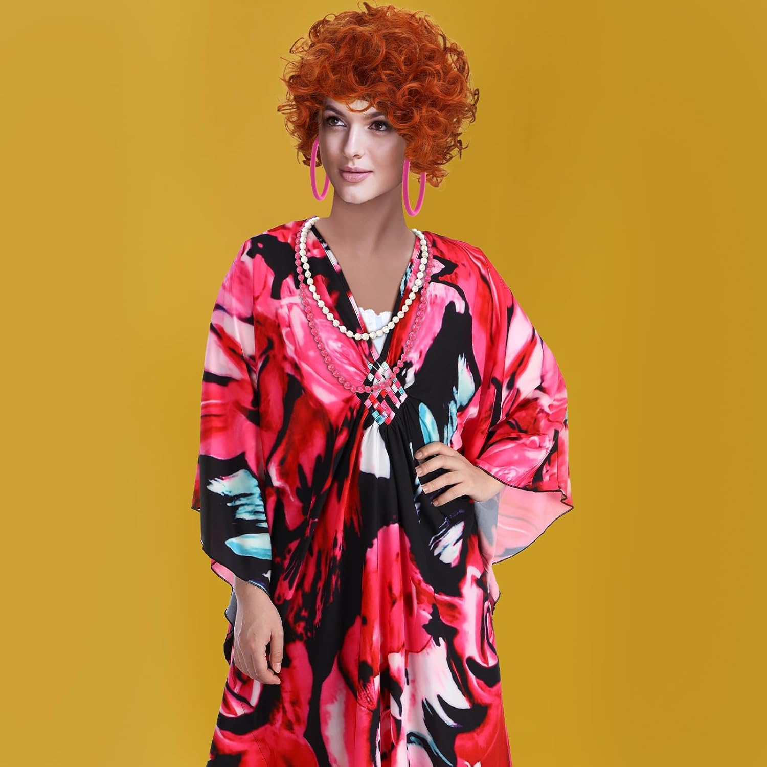 5 Pcs Halloween Women Landlady Costume Set with Print Caftan Dress Curly Wig Bead Necklace Earring for Cosplay Party - Image 5