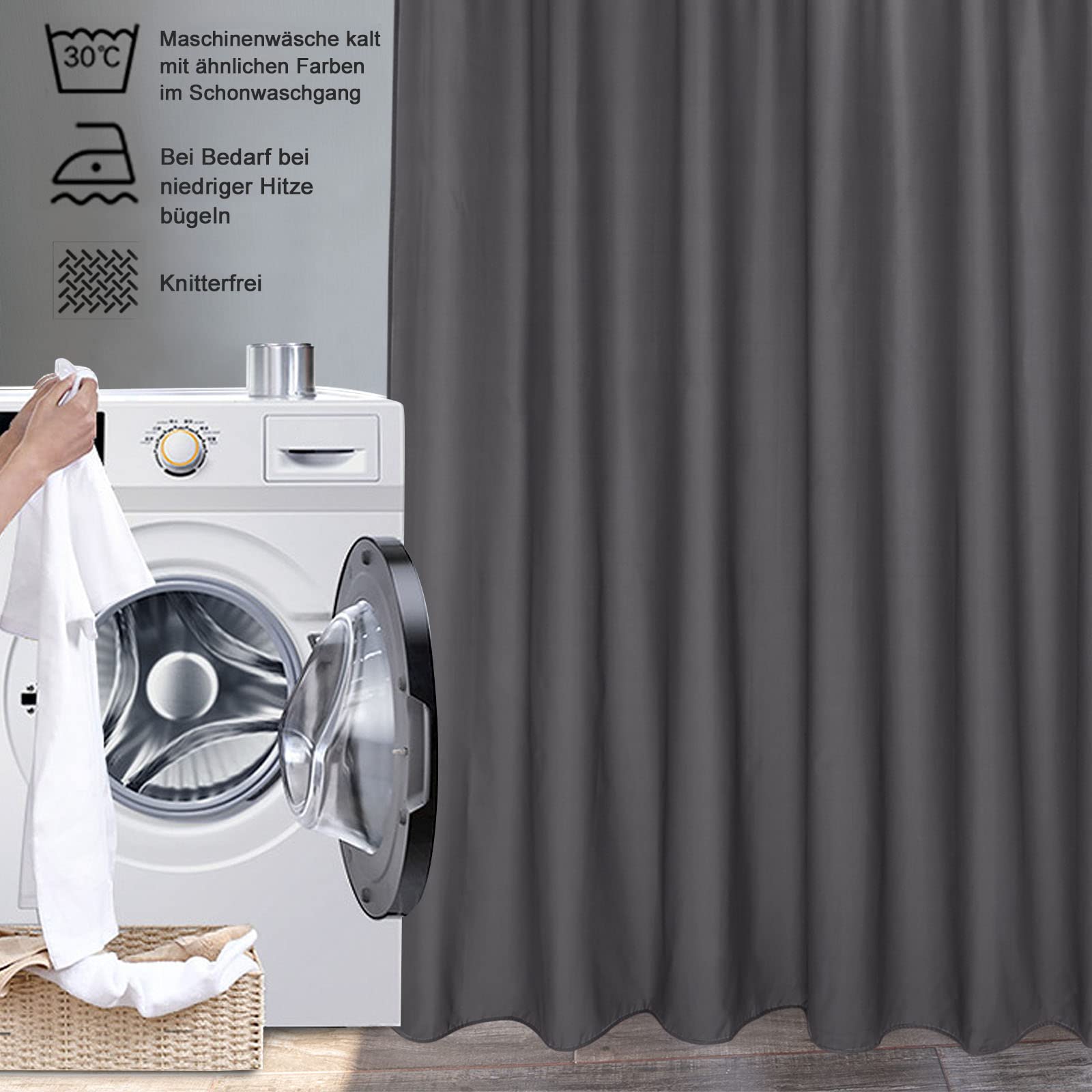EurCross Cortina de ducha de 150 x 180 cm, tela textil estrecha, cortina de baño para baño, resistente al agua y se seca rápidamente, gris oscuro, antimoho, lavable, cortina de ducha con 10 anillas