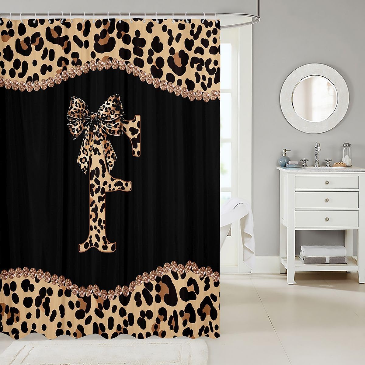 Leopard Print Bow Shower Curtain with Letter Initial F | Coquette Cheetah Bow Bath Curtain Modern Trendy Fashion Bathroom Accessories Teen Girl Alphabet Cheetah Print Fabric Shower Curtains,72"Wx72"L image 2