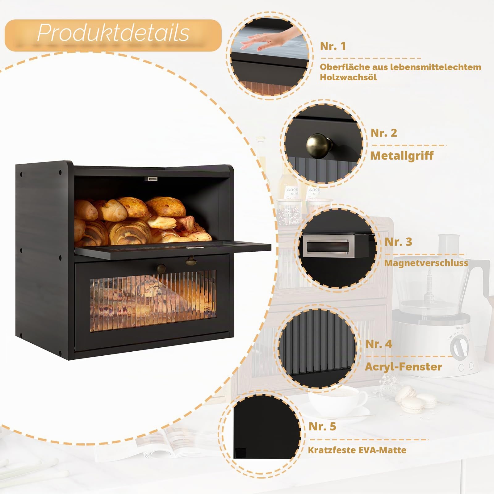 Alpeir Brotkasten Holz, 2 Etagen Groß Brotbox mit Belüftungsloch, Längere Frische & Einfache Pflege, Küche Aufbewahrung Behälter für Snack Knäckebrot Obst, 36,7B x 23,9T x 34,4H cm, Schwarz