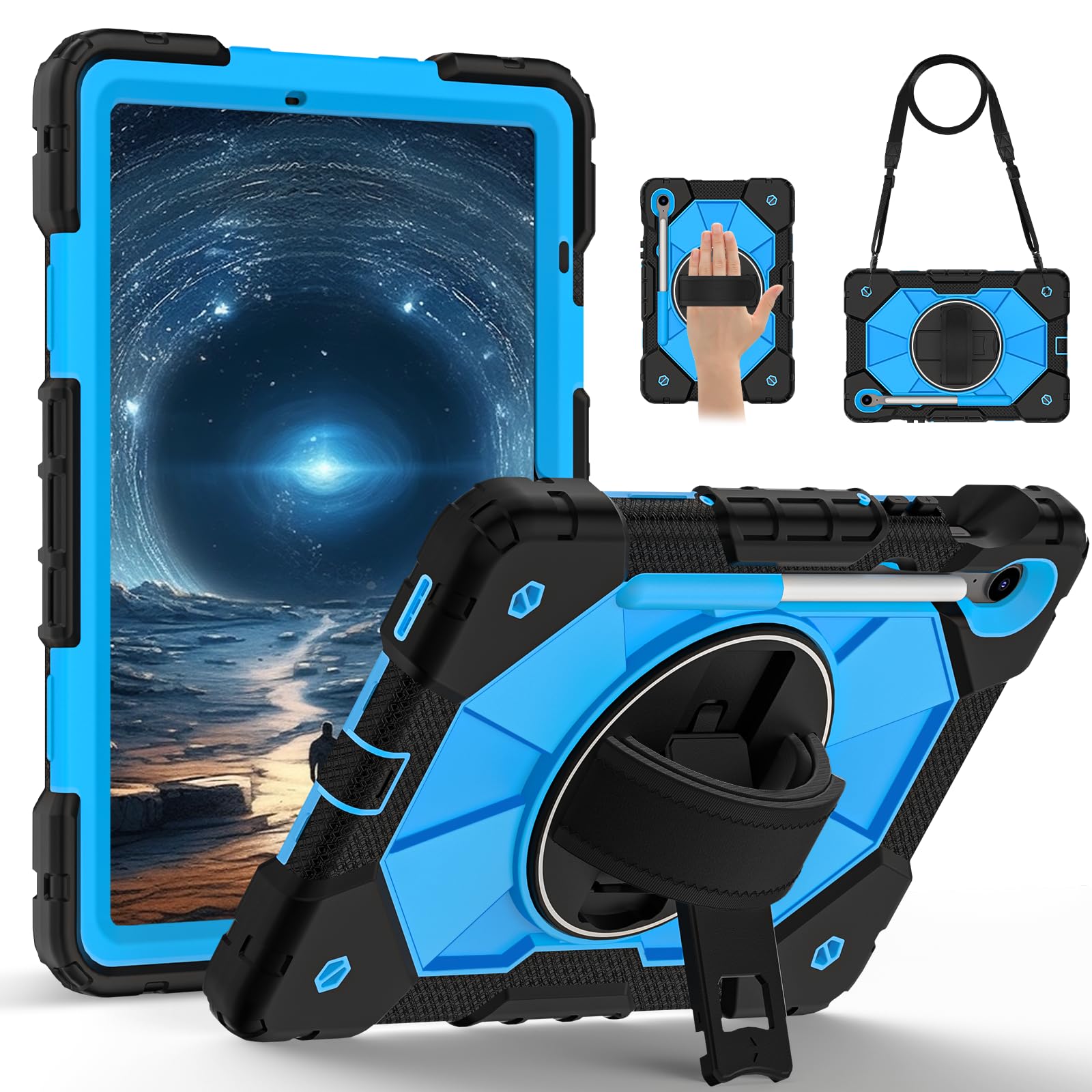 Custodia robusta per Samsung Galaxy Tab S10 Lite 10.9 pollici 2025 SM-X400/X406B con supporto per penna a S, cavalletto girevole, impugnatura rigida antiurto armatura cover w/tracolla (nero +