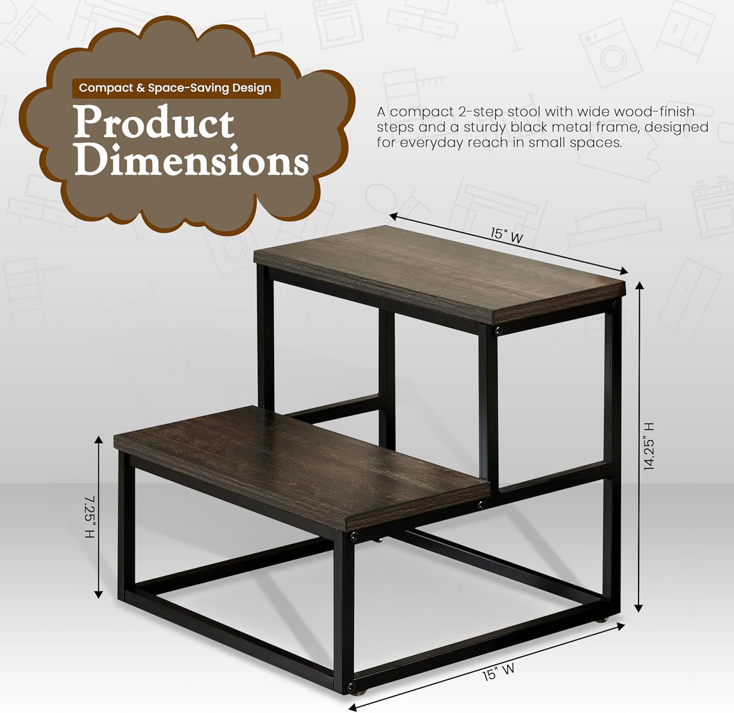 Kings Brand Furniture – 2-Step Wooden Step Stool with Heavy-Duty Steel Frame – for Adults & Kids – 500 lb Load Capacity – Bedside Foot Stool for High Beds, Kitchen & RV – Black Finish