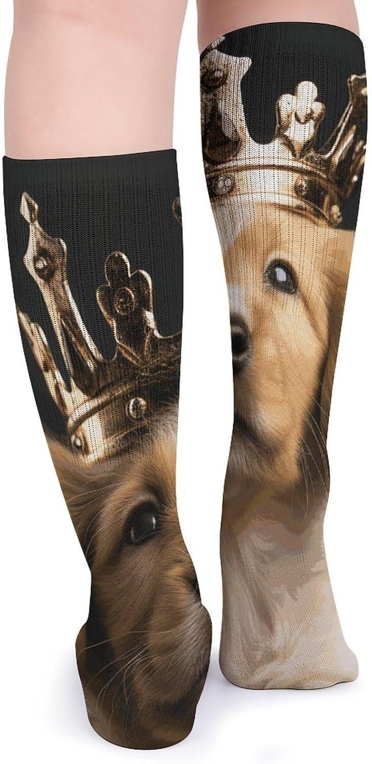 5-Pack Knee High Socks, 15.7 Inch Breathable Casual Socks Puppy with A Crown Stockings for Men Women