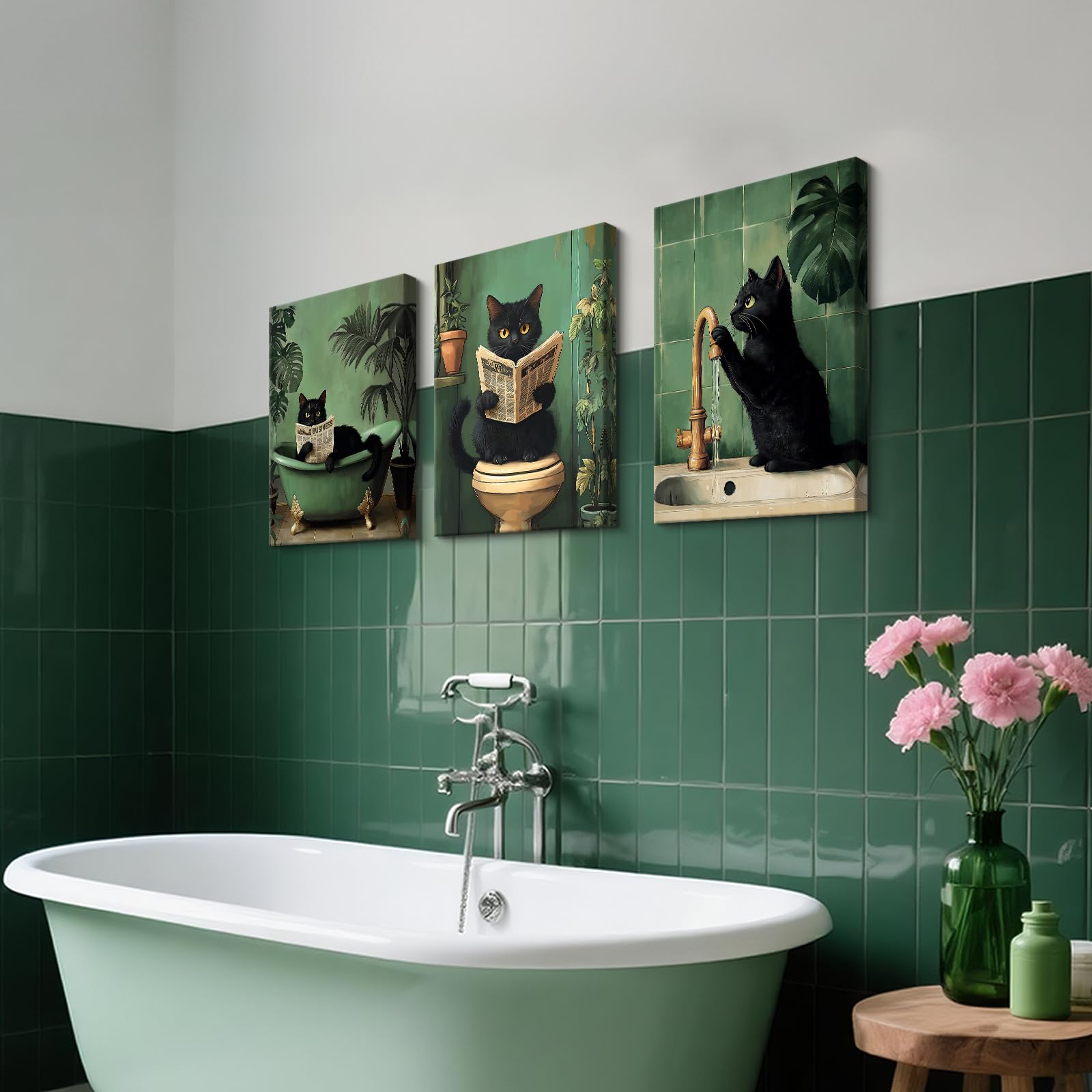 3 Pcs Wooden Framed Canvas Wall Art Funny Black Cat Canvas Prints Green Plants Kitten Cat Reading the Newspaper on Toilet Painting Animals Humor Pictures Bathroom Toilet Wall Decor 40x60 cm x3pcs - Image 4