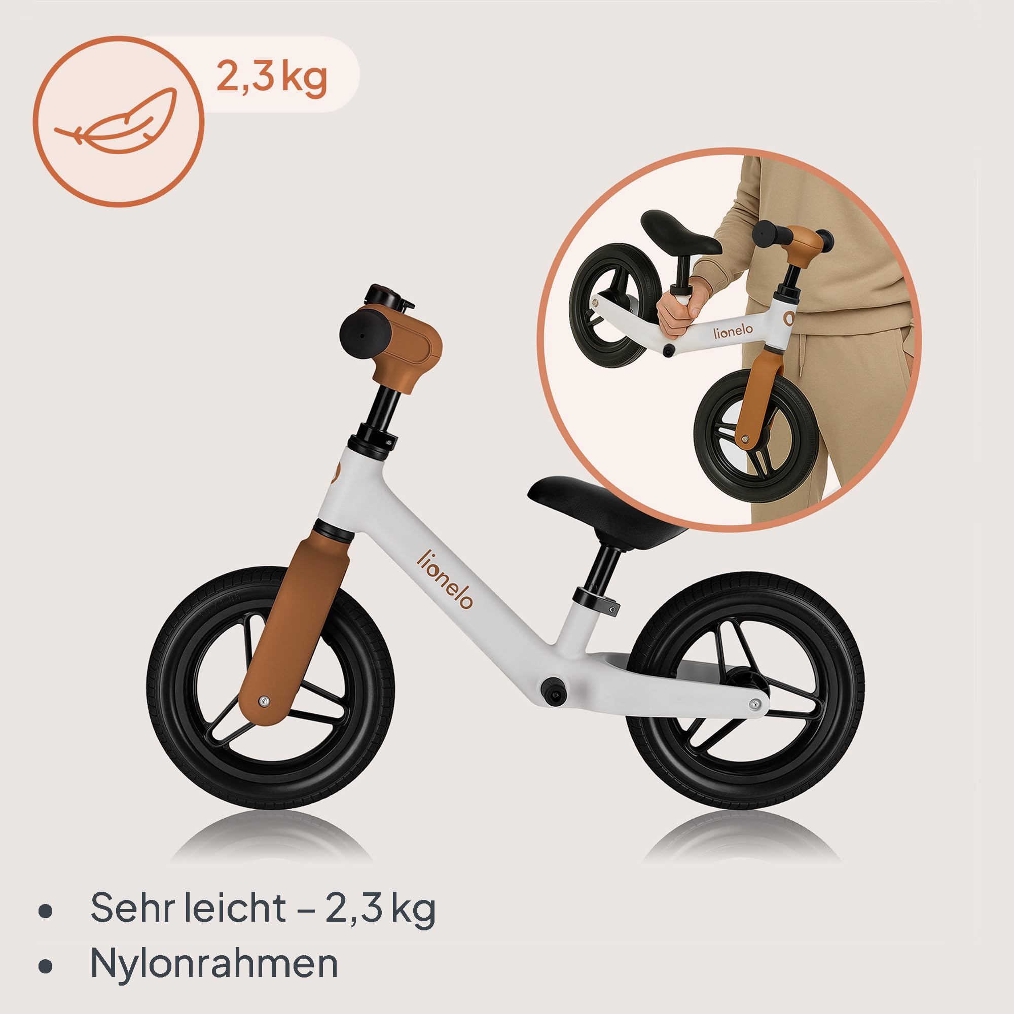 Lionelo Toni Kinder-Laufrad von 18 Monaten bis 30 kg, PU-Gummi-Räder 25 cm, Fußstütze, Korb, Verstellbarer Sitz und Lenker, Rutschfester Griff, leicht 2,3 kg, Klingel