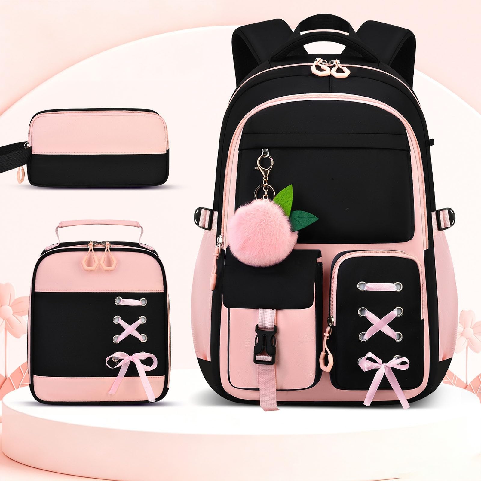 Juego de mochila escolar para niños con bolsa de almuerzo, estuche para lápices, práctica mochila para niños, bolsa cómoda para la escuela primaria, Pink, Talla única, Clásico