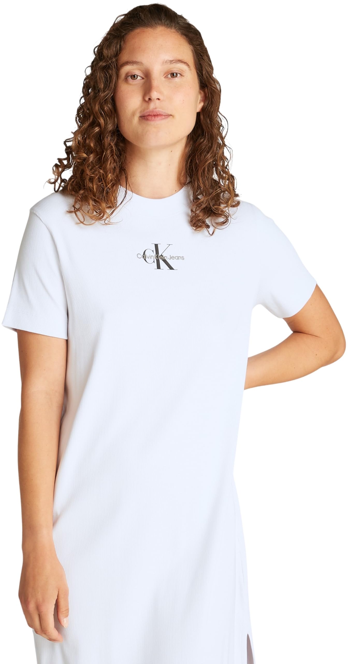 Calvin Klein Damen T-Shirt Kleid Monologo Long Rib Tee mit Rundhalsausschnitt