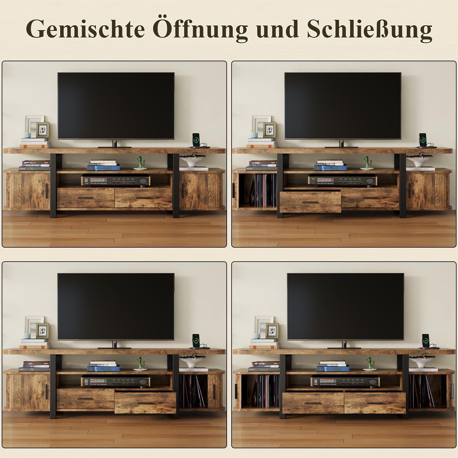 TV-Schrank,166cm TV Lowboard mit 2 Schiebetüren und 2 Schubladen,Fernsehschrank für TVs bis 70 Zoll,Fernsehtisch mit integriertes Kabelmanagement,TV Board,Fernsehschrank für Wohnzimmer,Vintagebraun