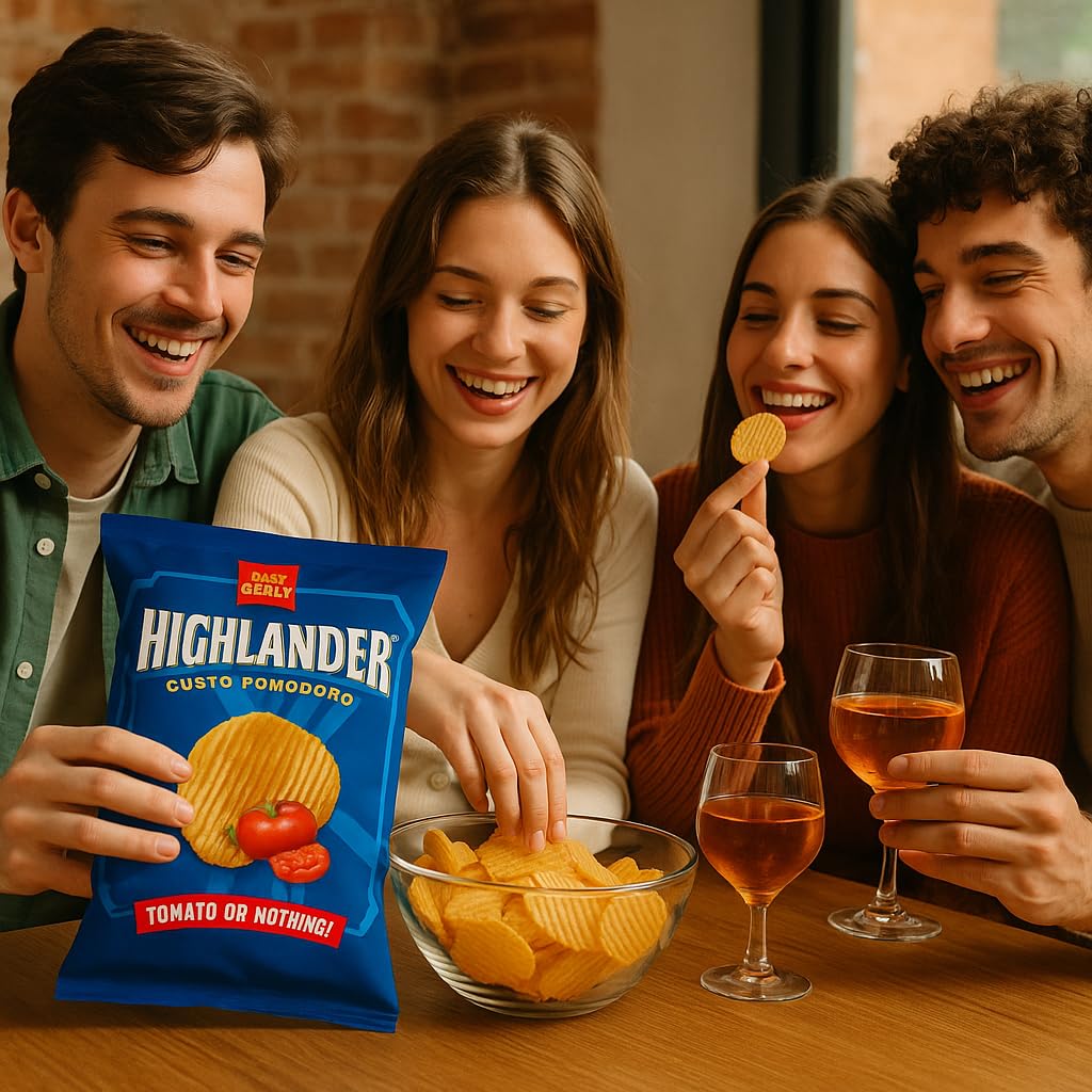 San Carlo Highlander Patatine Gusto Pomodoro – 8 Confezioni da 150g – Croccanti, Ondulate, Sapore Intenso al Pomodoro – Snack Salato Made in Italy